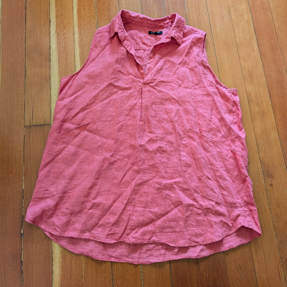 For Cynthia 1X 100% Linen Tunic Tank Top Collar Pockets Beach Coastal Red Pink